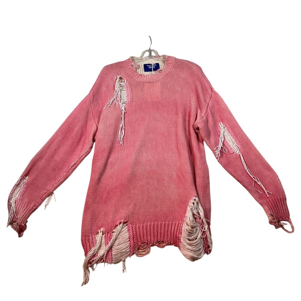 Aelfric Eden Pink Distressed Oversized Knit Sweater Shredded Grunge Streetwear S